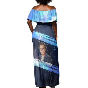 Katherine Johnson Off Shoulder Maxi Dress with Galaxy Background, Hidden No More Quote and Rocket Brain Equation - African Pride