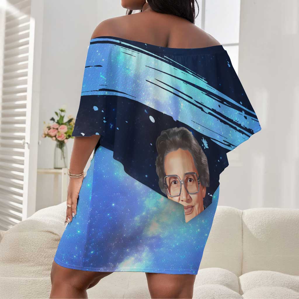 Katherine Johnson Off Shoulder Short Dress with Galaxy Background, Hidden No More Quote and Rocket Brain Equation - African Pride