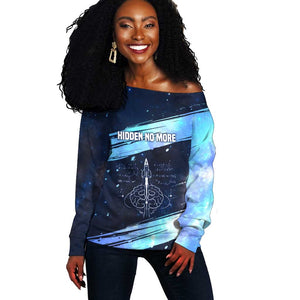 Katherine Johnson Off Shoulder Sweater with Galaxy Background, Hidden No More Quote and Rocket Brain Equation - African Pride