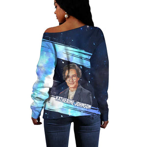 Katherine Johnson Off Shoulder Sweater with Galaxy Background, Hidden No More Quote and Rocket Brain Equation - African Pride