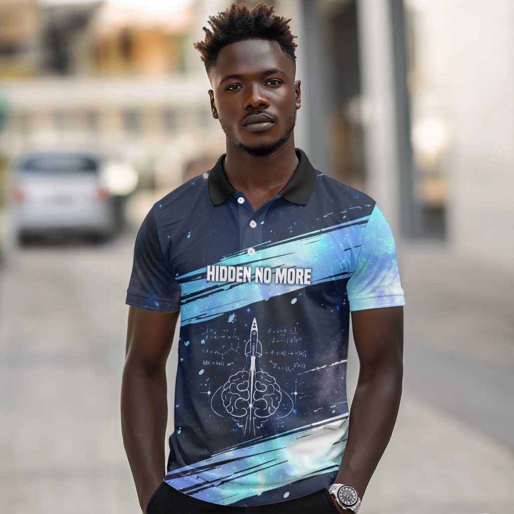 Katherine Johnson Polo Shirt with Galaxy Background, Hidden No More Quote and Rocket Brain Equation - African Pride