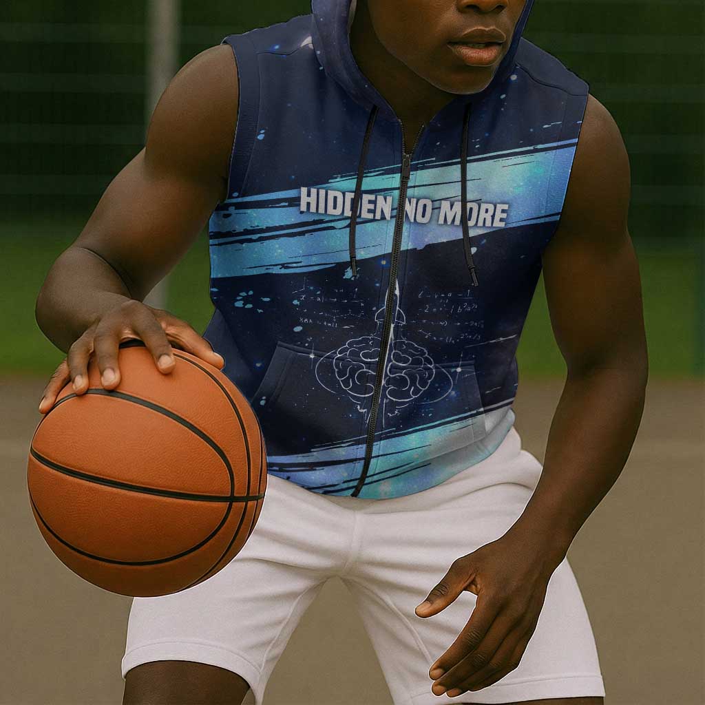 Katherine Johnson Sleeveless Zip Hoodie with Galaxy Background, Hidden No More Quote and Rocket Brain Equation - African Pride