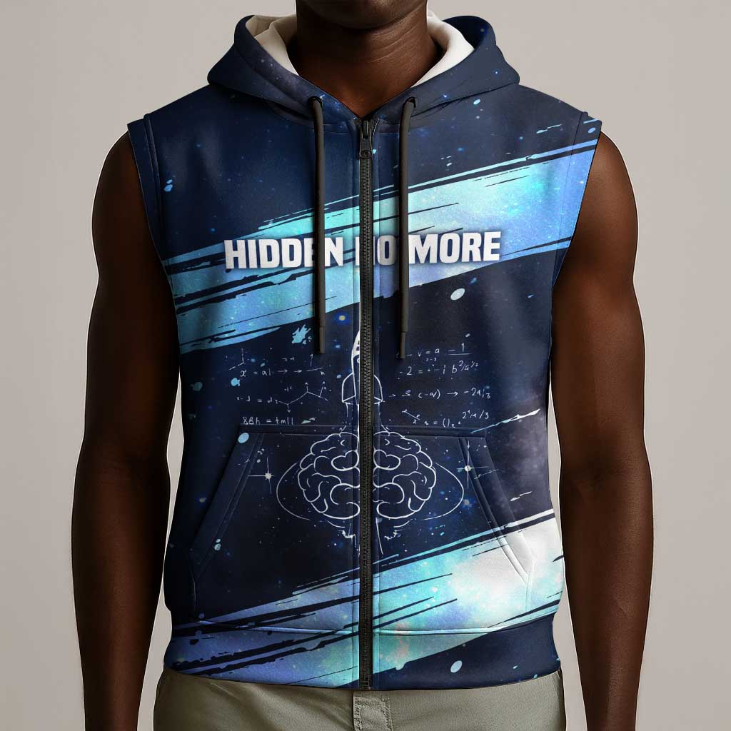 Katherine Johnson Sleeveless Zip Hoodie with Galaxy Background, Hidden No More Quote and Rocket Brain Equation - African Pride
