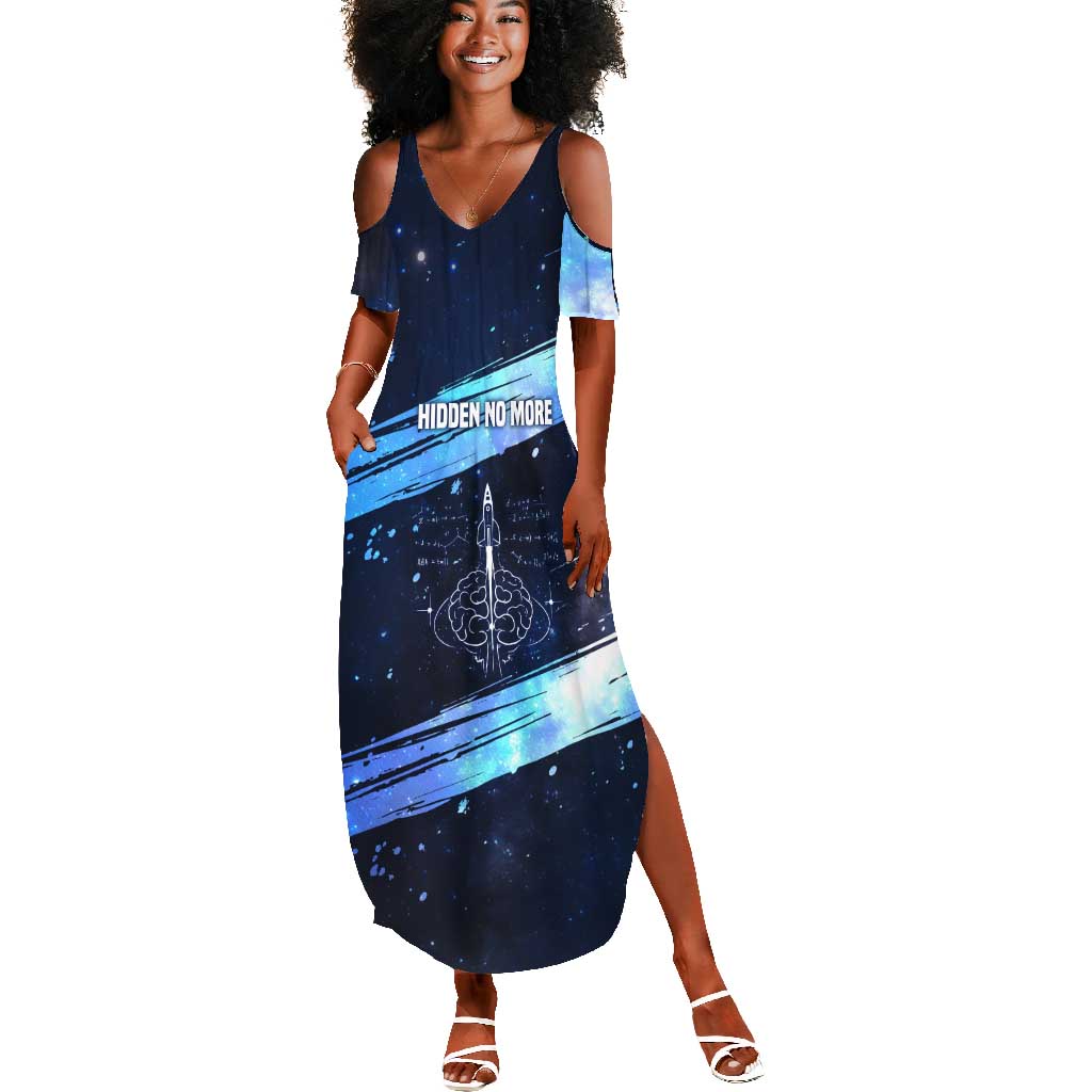 Katherine Johnson Summer Maxi Dress with Galaxy Background, Hidden No More Quote and Rocket Brain Equation - African Pride