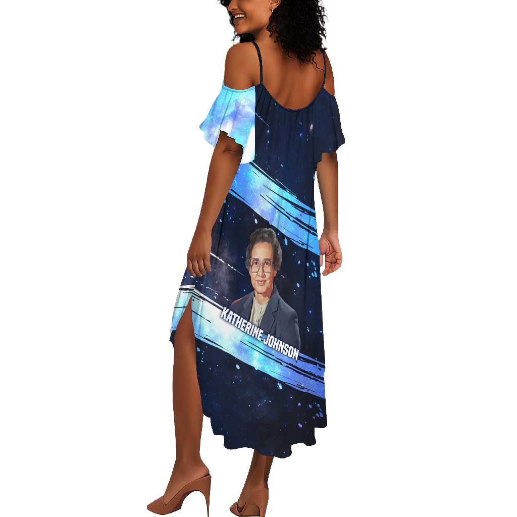 Katherine Johnson Summer Maxi Dress with Galaxy Background, Hidden No More Quote and Rocket Brain Equation - African Pride