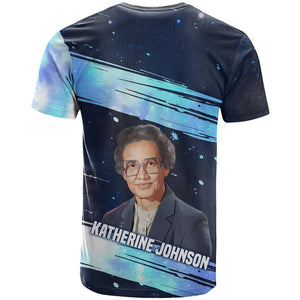 Katherine Johnson T shirt with Galaxy Background, Hidden No More Quote and Rocket Brain Equation - African Pride