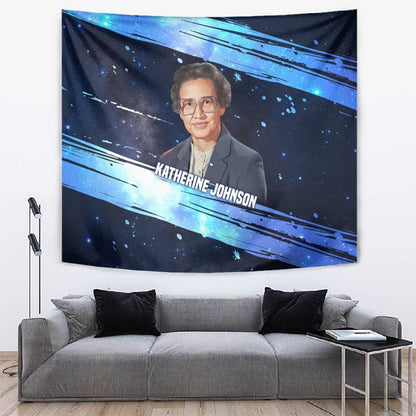 Katherine Johnson Tapestry with Galaxy Background, Hidden No More Quote and Rocket Brain Equation - African Pride