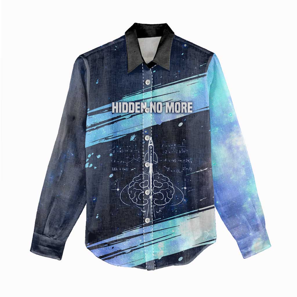 Katherine Johnson Women Casual Shirt with Galaxy Background, Hidden No More Quote and Rocket Brain Equation - African Pride