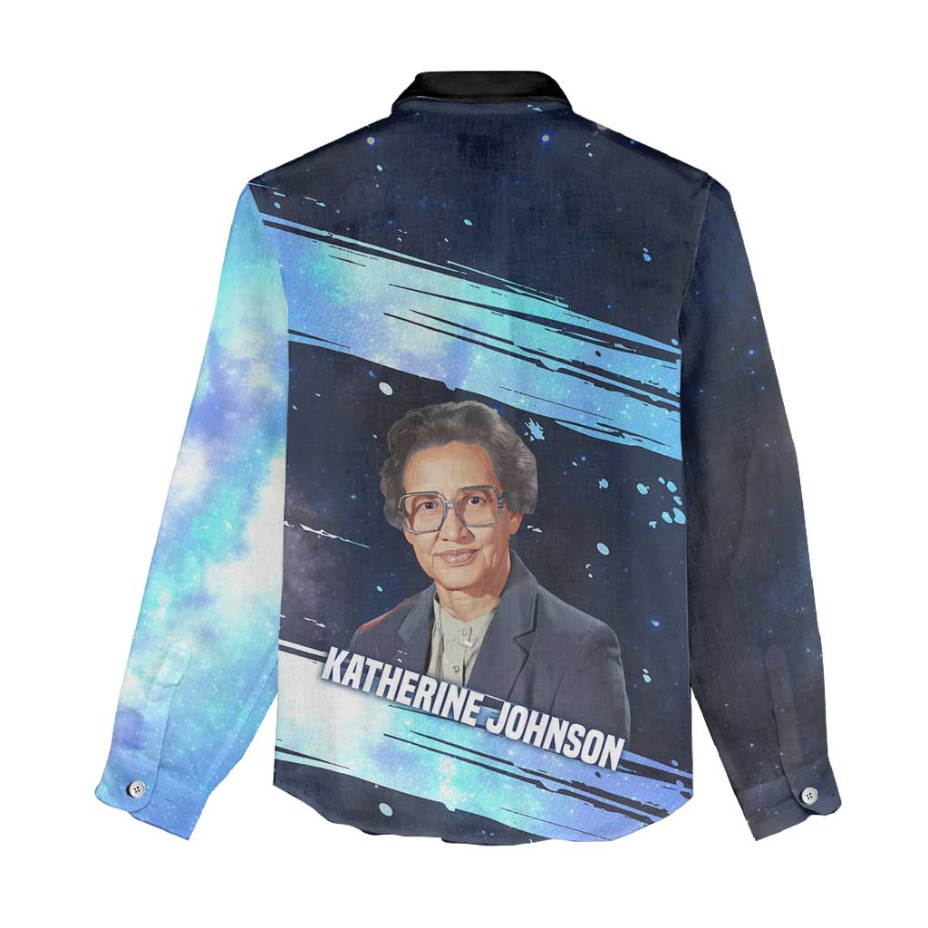 Katherine Johnson Women Casual Shirt with Galaxy Background, Hidden No More Quote and Rocket Brain Equation - African Pride