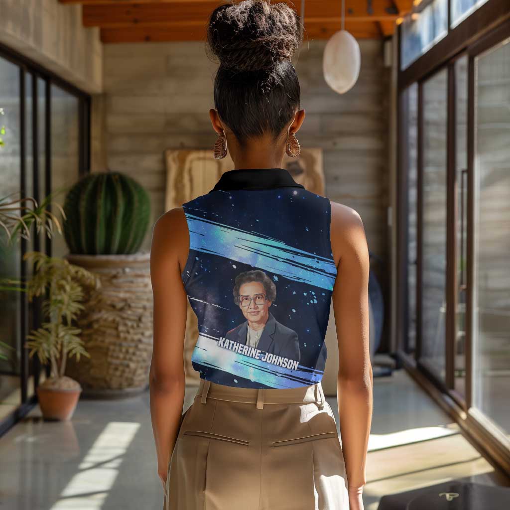 Katherine Johnson Women Sleeveless Polo Shirt with Galaxy Background, Hidden No More Quote and Rocket Brain Equation - African Pride