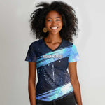 Katherine Johnson Women V-Neck T-Shirt with Galaxy Background, Hidden No More Quote and Rocket Brain Equation - African Pride