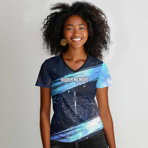 Katherine Johnson Women V-Neck T-Shirt with Galaxy Background, Hidden No More Quote and Rocket Brain Equation - African Pride