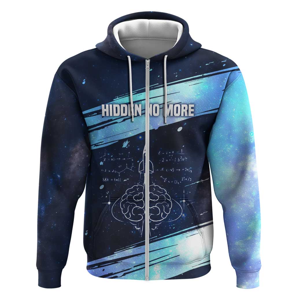 Katherine Johnson Zip Hoodie with Galaxy Background, Hidden No More Quote and Rocket Brain Equation - African Pride