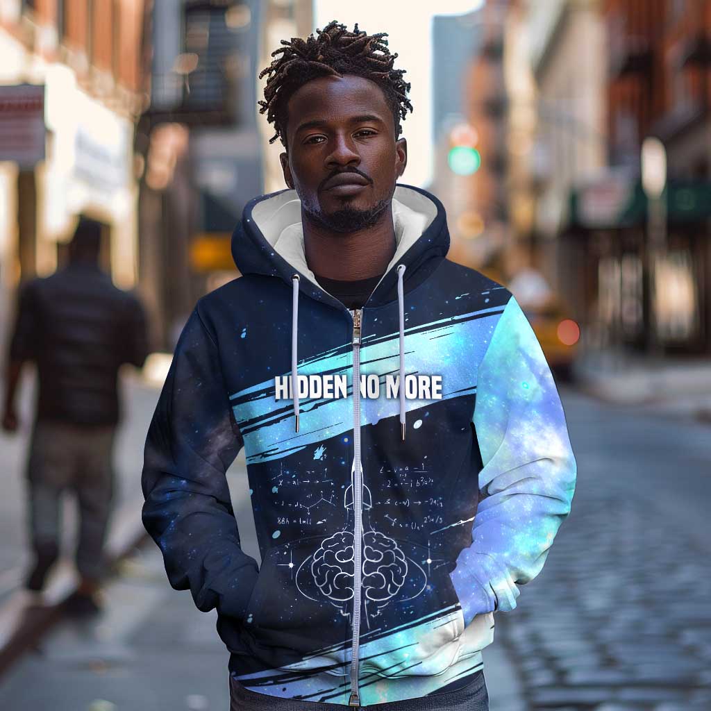 Katherine Johnson Zip Hoodie with Galaxy Background, Hidden No More Quote and Rocket Brain Equation - African Pride