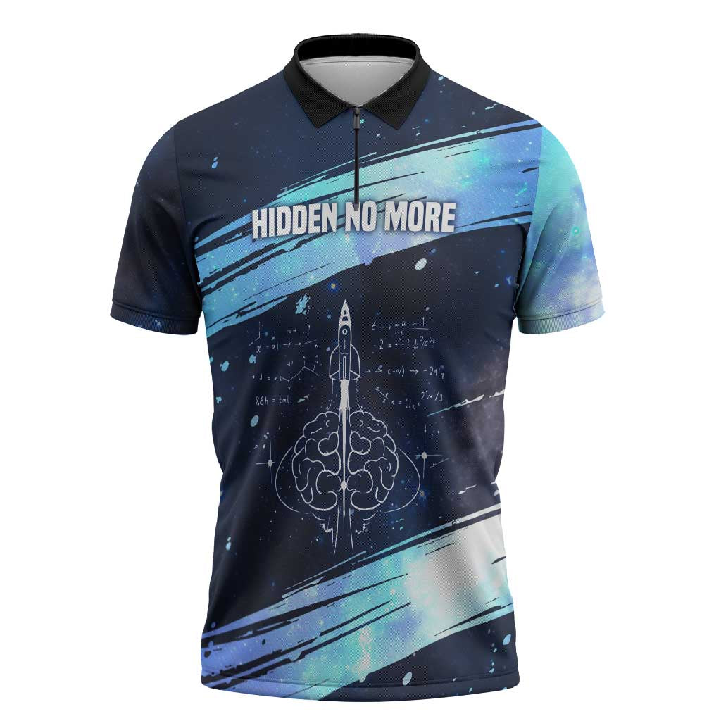 Katherine Johnson Zipper Polo Shirt with Galaxy Background, Hidden No More Quote and Rocket Brain Equation - African Pride