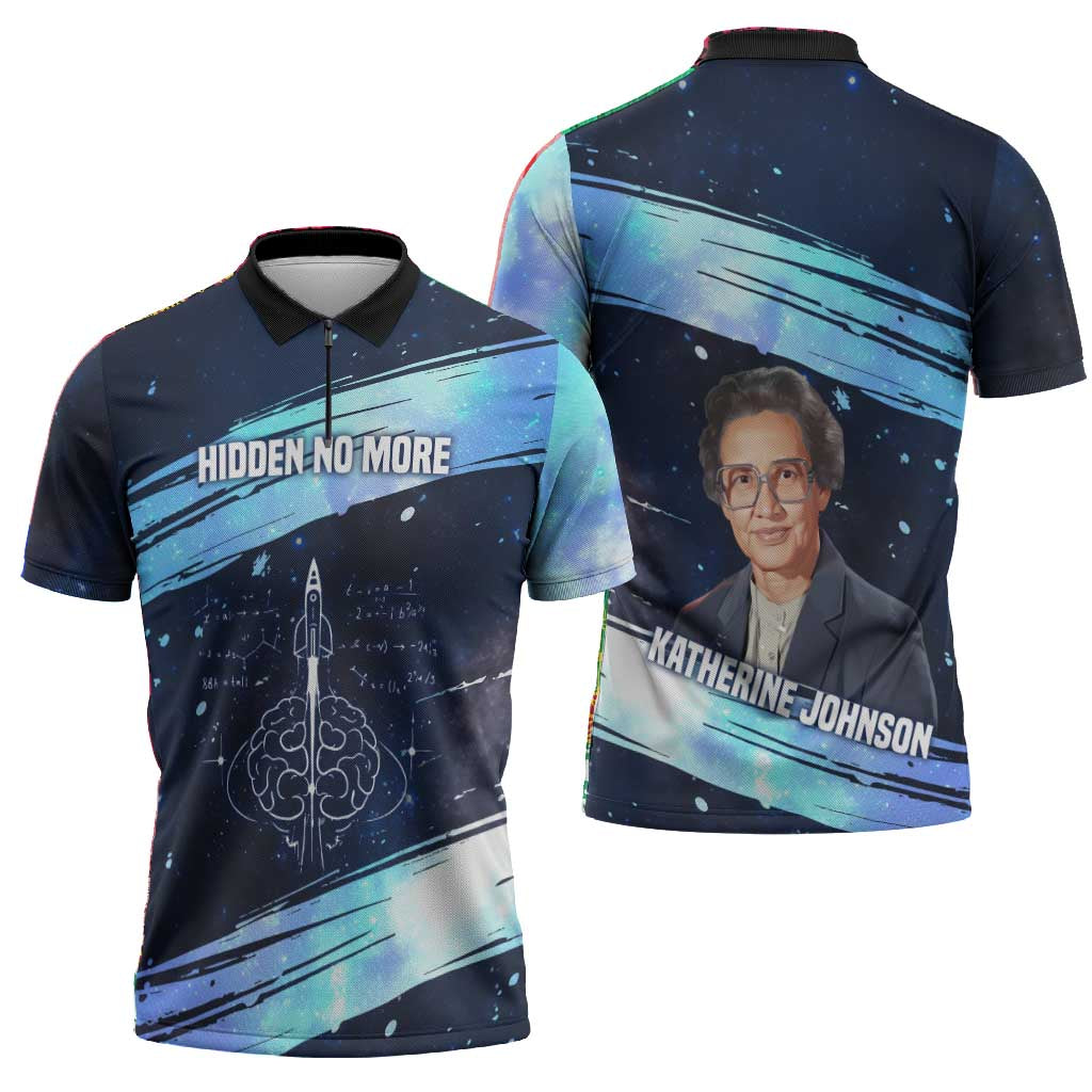 Katherine Johnson Zipper Polo Shirt with Galaxy Background, Hidden No More Quote and Rocket Brain Equation - African Pride