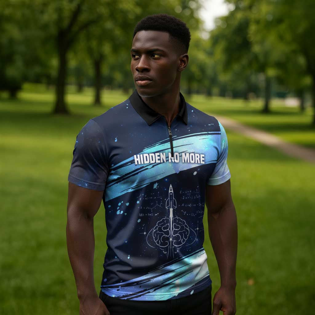 Katherine Johnson Zipper Polo Shirt with Galaxy Background, Hidden No More Quote and Rocket Brain Equation - African Pride