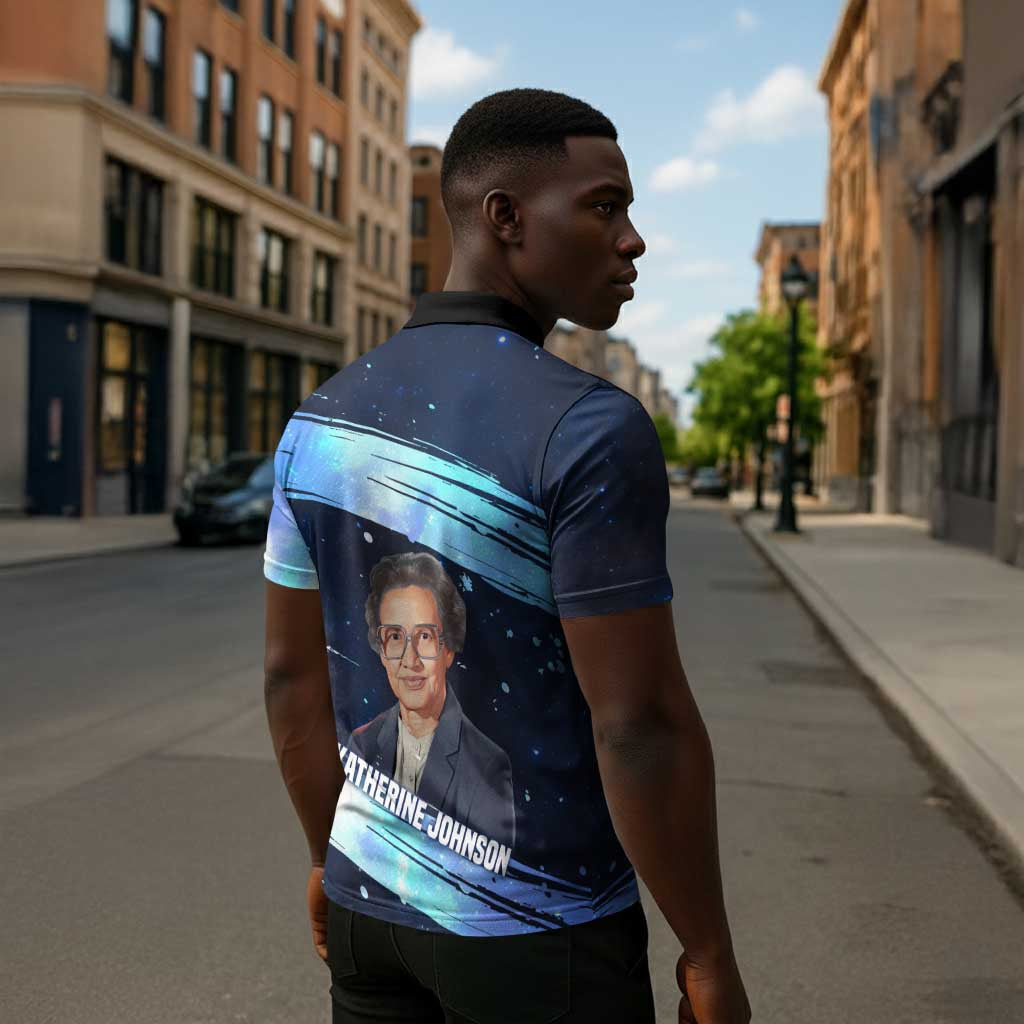 Katherine Johnson Zipper Polo Shirt with Galaxy Background, Hidden No More Quote and Rocket Brain Equation - African Pride