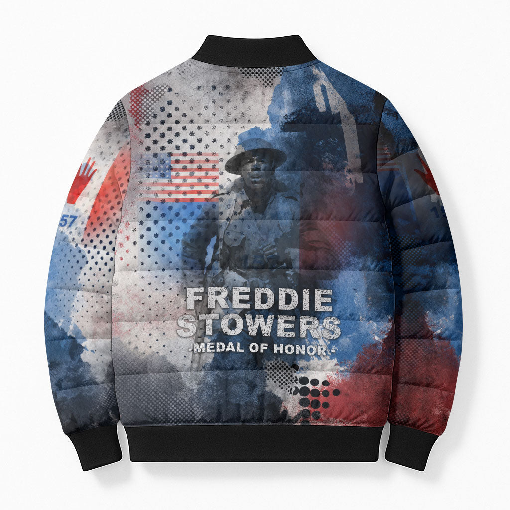 Freddie Stowers Bomber Puffer Jacket African American Military Hero - Medal Of Honor 157th Infantry Division