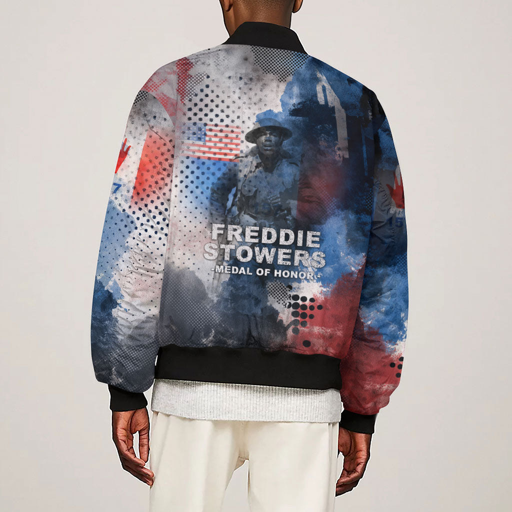 Freddie Stowers Sleeve Zip Bomber Jacket African American Military Hero - Medal Of Honor 157th Infantry Division