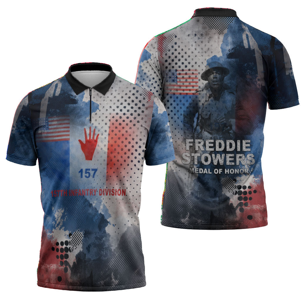 Freddie Stowers Zipper Polo Shirt African American Military Hero - Medal Of Honor 157th Infantry Division