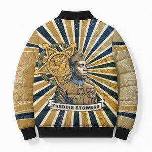 Freddie Stowers Bomber Puffer Jacket Medal Of Honor Hero - Vintage Retro Sunburst - Military Valor Heritage