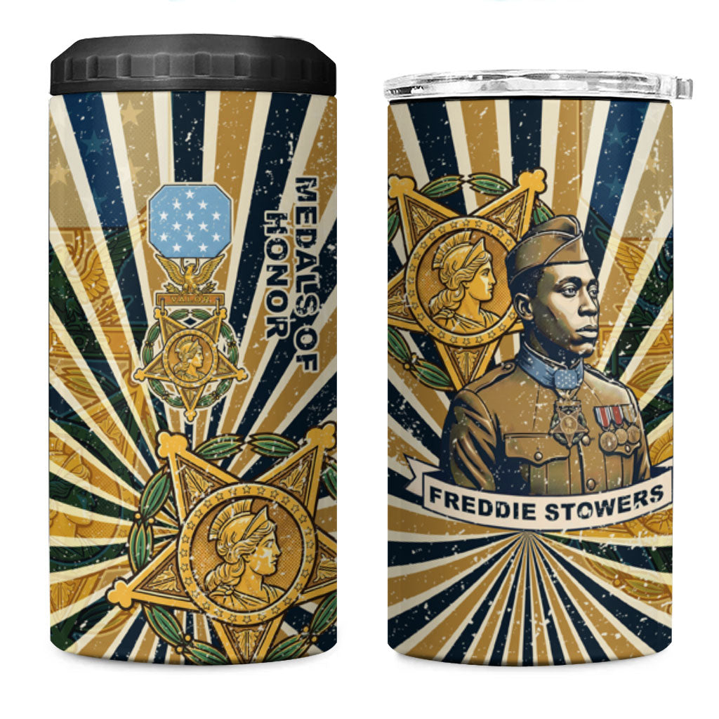 Freddie Stowers 4 in 1 Can Cooler Tumbler Medal Of Honor Hero - Vintage Retro Sunburst - Military Valor Heritage
