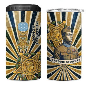 Freddie Stowers 4 in 1 Can Cooler Tumbler Medal Of Honor Hero - Vintage Retro Sunburst - Military Valor Heritage