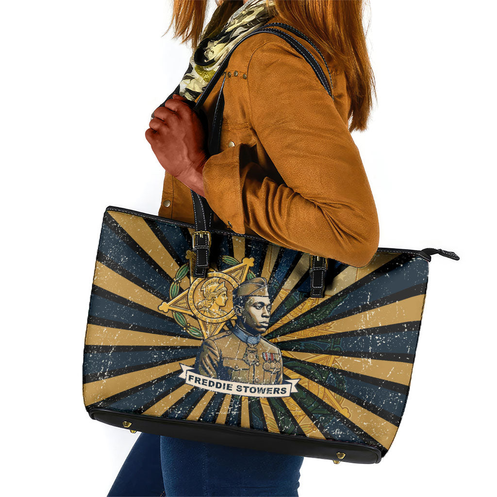 Freddie Stowers Leather Tote Bag Medal Of Honor Hero - Vintage Retro Sunburst - Military Valor Heritage