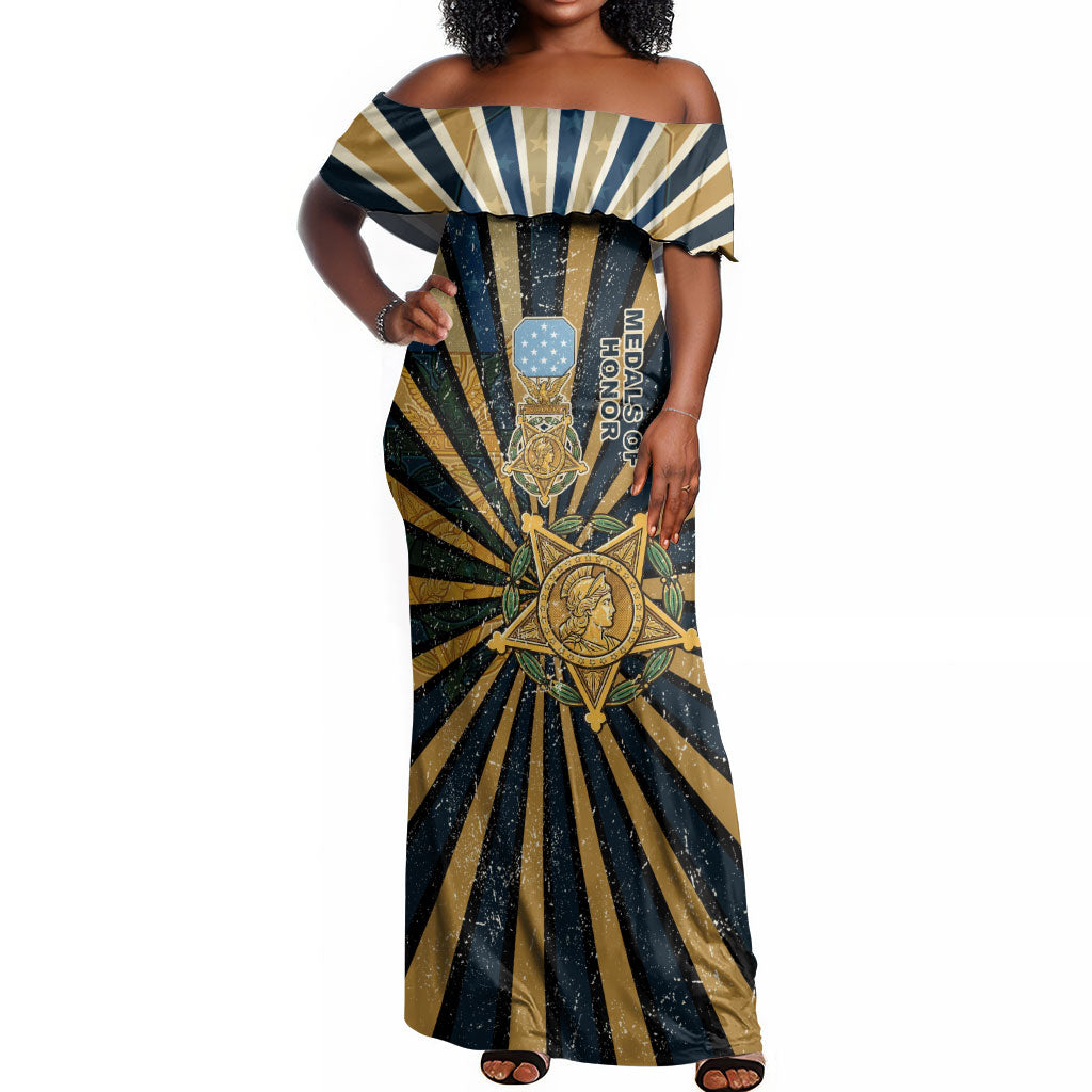 Freddie Stowers Off Shoulder Maxi Dress Medal Of Honor Hero - Vintage Retro Sunburst - Military Valor Heritage