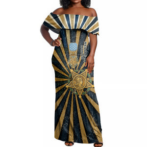 Freddie Stowers Off Shoulder Maxi Dress Medal Of Honor Hero - Vintage Retro Sunburst - Military Valor Heritage