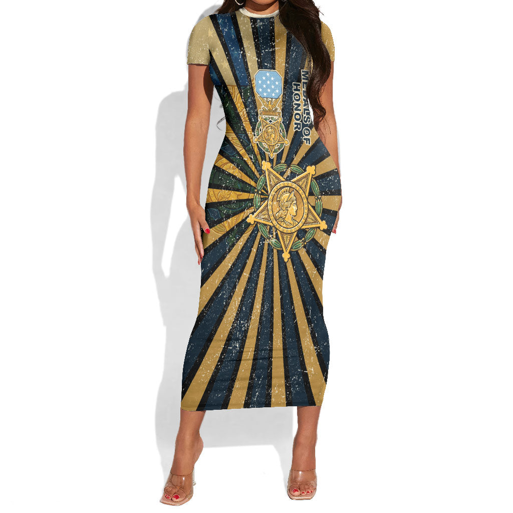 Freddie Stowers Short Sleeve Bodycon Dress Medal Of Honor Hero - Vintage Retro Sunburst - Military Valor Heritage