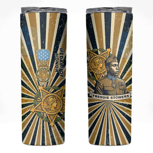 Freddie Stowers Skinny Tumbler Medal Of Honor Hero - Vintage Retro Sunburst - Military Valor Heritage