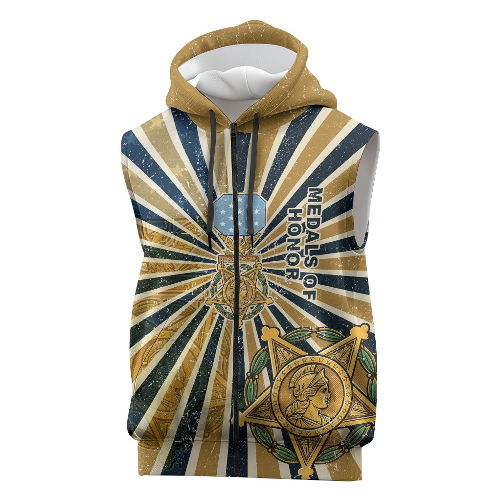 Freddie Stowers Sleeveless Zip Hoodie Medal Of Honor Hero - Vintage Retro Sunburst - Military Valor Heritage