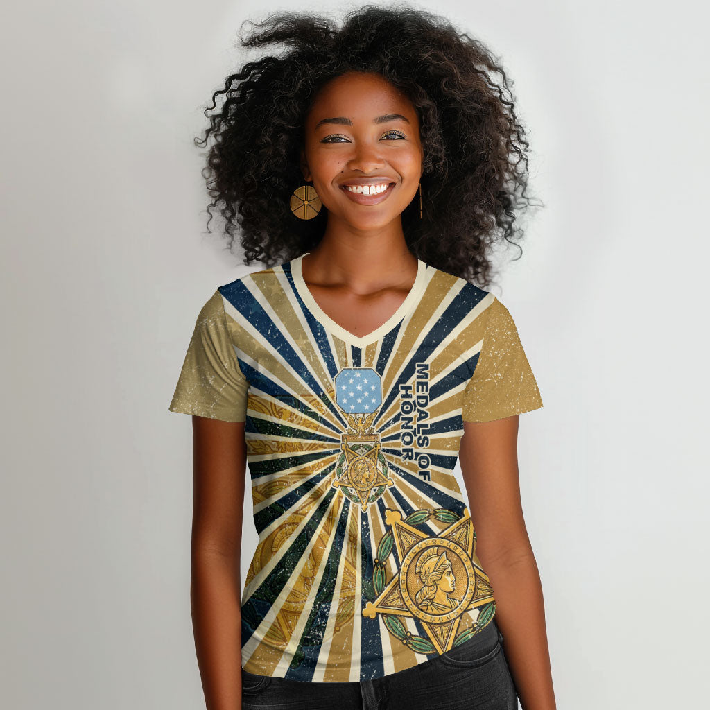 Freddie Stowers Women V-Neck T-Shirt Medal Of Honor Hero - Vintage Retro Sunburst - Military Valor Heritage