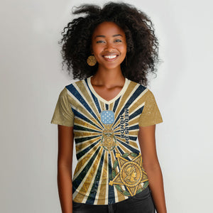 Freddie Stowers Women V-Neck T-Shirt Medal Of Honor Hero - Vintage Retro Sunburst - Military Valor Heritage