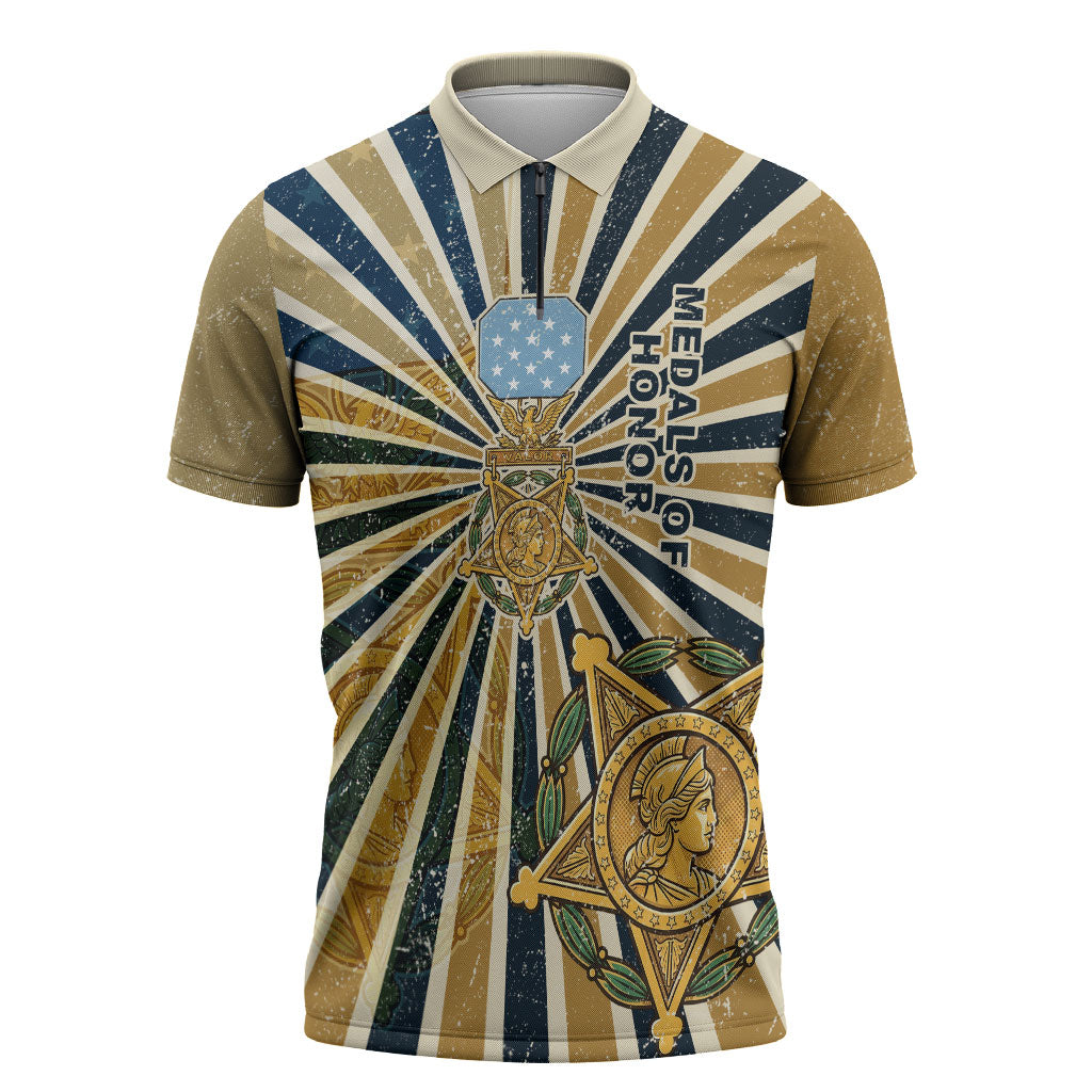 Freddie Stowers Zipper Polo Shirt Medal Of Honor Hero - Vintage Retro Sunburst - Military Valor Heritage