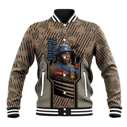Freddie Stowers African American Baseball Jacket Medal Of Honor Red Hand - Military Camouflage Striped World War I