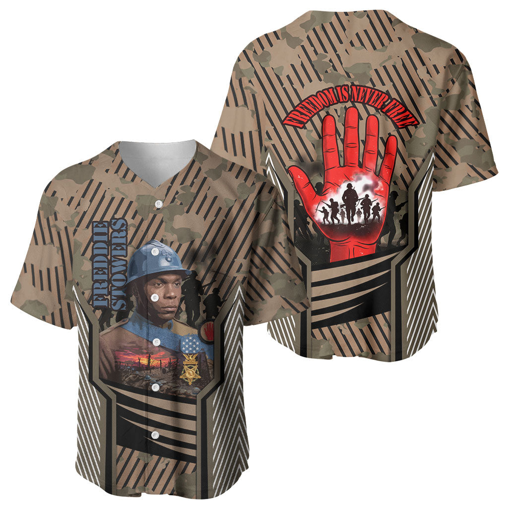 Freddie Stowers African American Baseball Jersey Medal Of Honor Red Hand - Military Camouflage Striped World War I