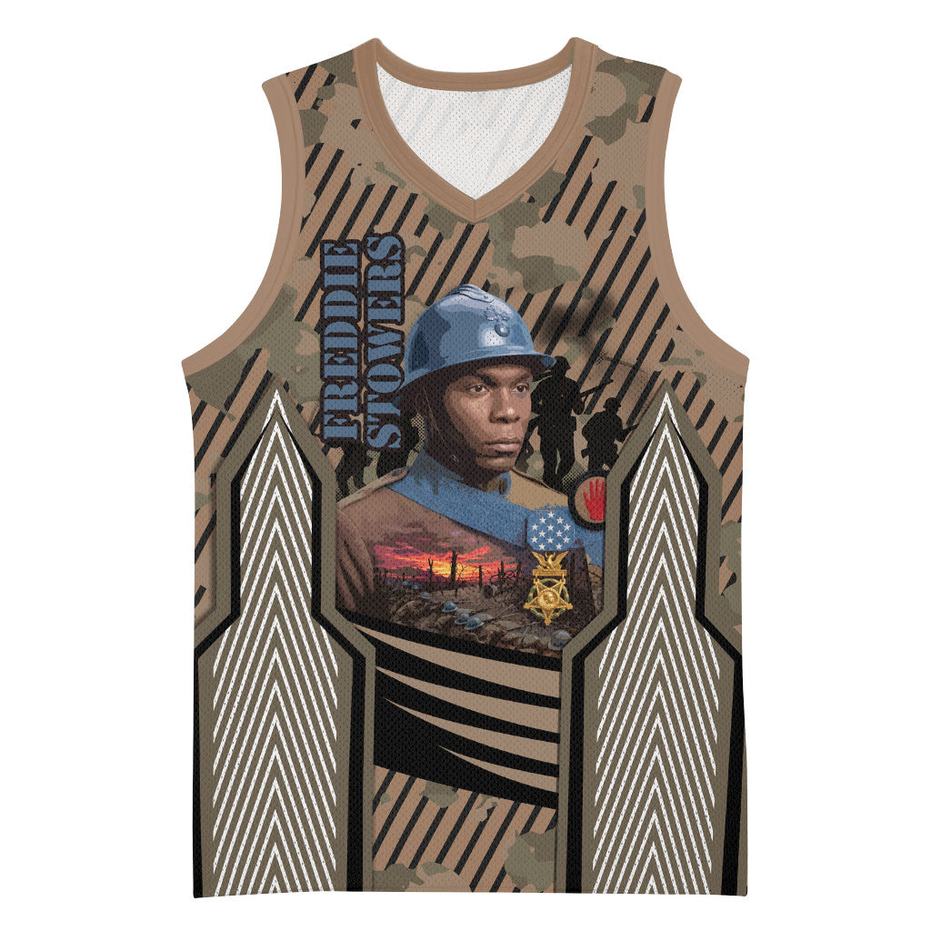 Freddie Stowers African American Basketball Jersey Medal Of Honor Red Hand - Military Camouflage Striped World War I