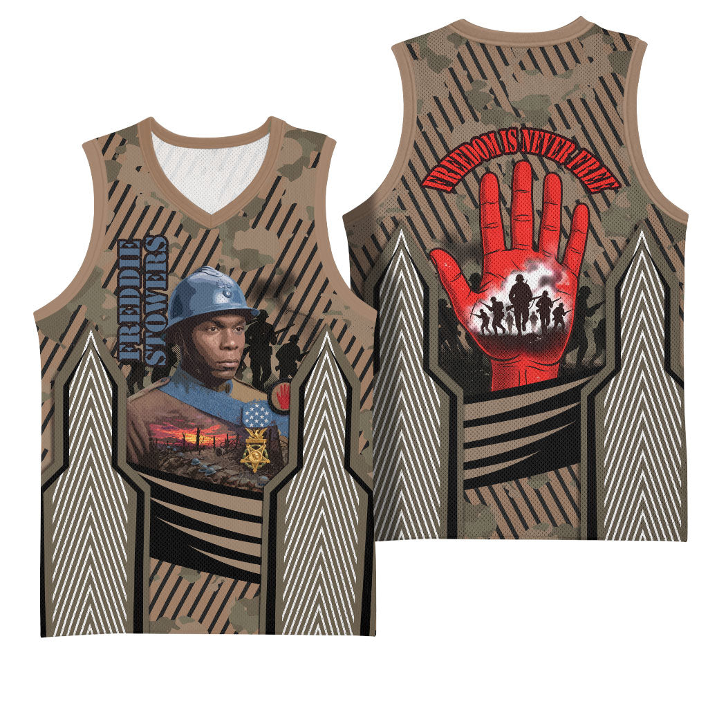 Freddie Stowers African American Basketball Jersey Medal Of Honor Red Hand - Military Camouflage Striped World War I