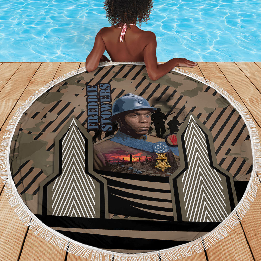 Freddie Stowers African American Beach Blanket Medal Of Honor Red Hand - Military Camouflage Striped World War I