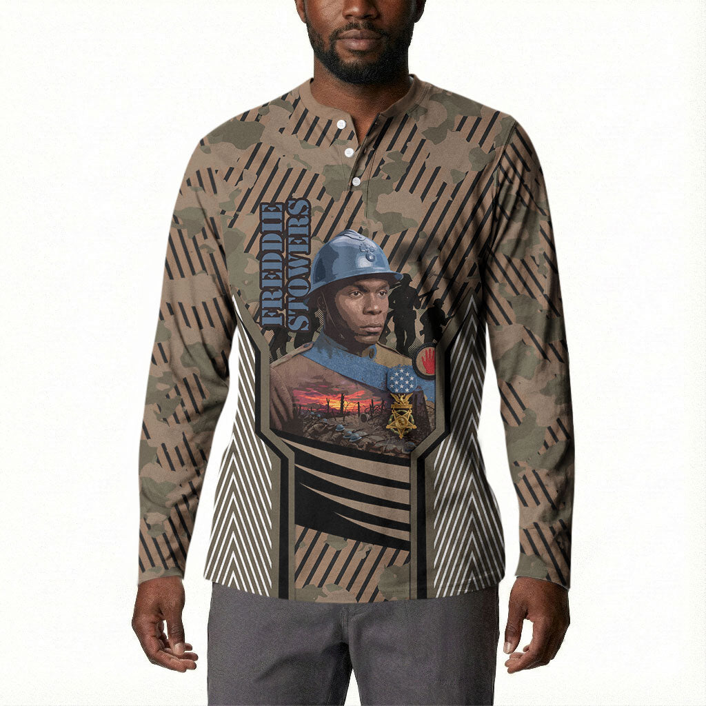 Freddie Stowers African American Button Sweatshirt Medal Of Honor Red Hand - Military Camouflage Striped World War I