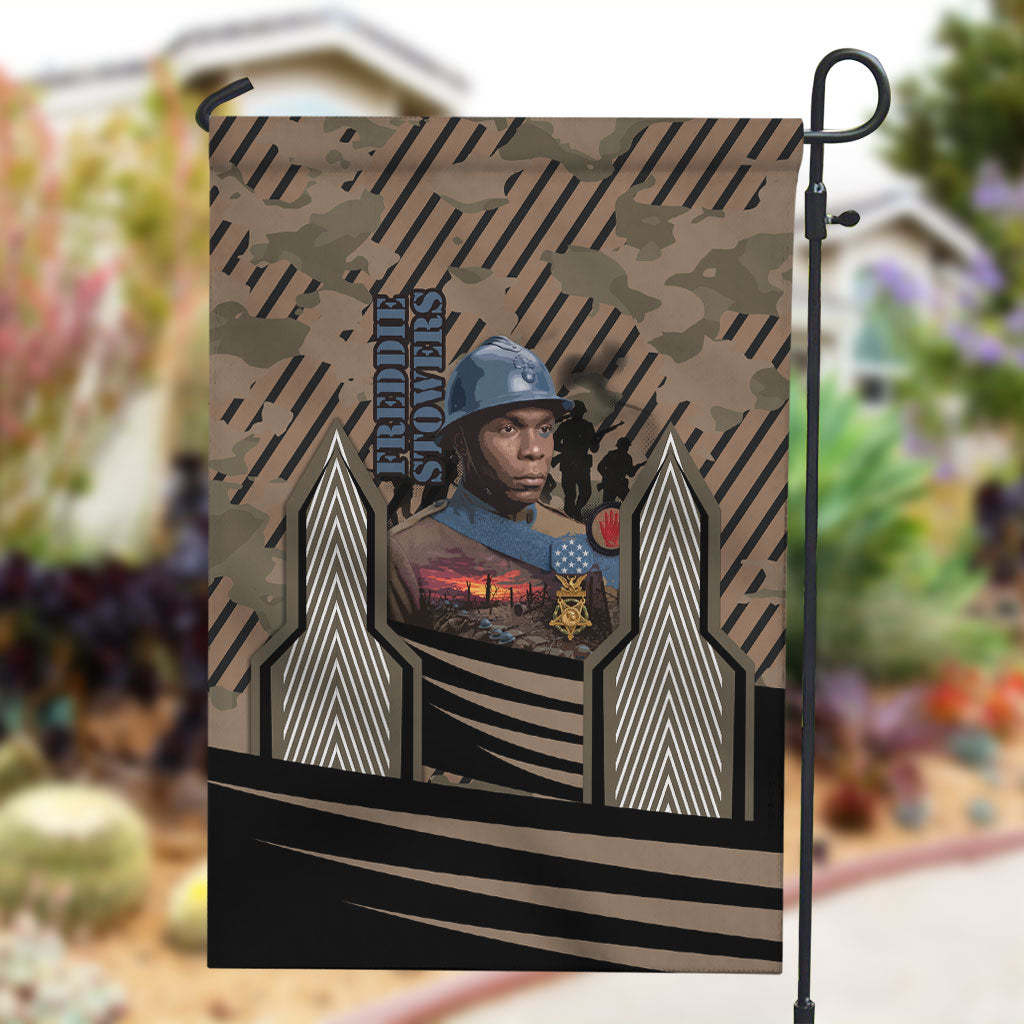 Freddie Stowers African American Garden Flag Medal Of Honor Red Hand - Military Camouflage Striped World War I