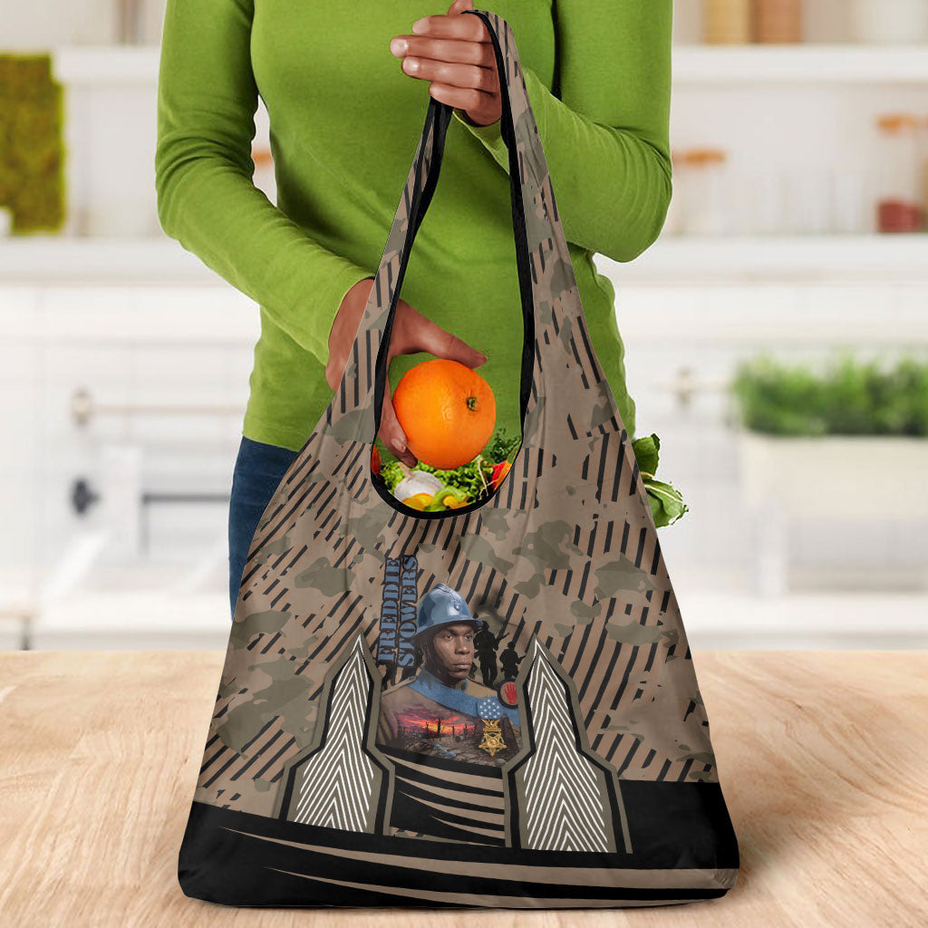Freddie Stowers African American Grocery Bag Medal Of Honor Red Hand - Military Camouflage Striped World War I