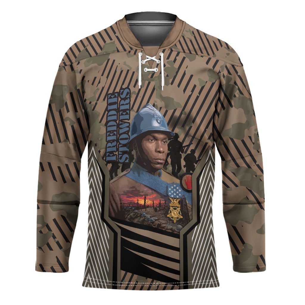 Freddie Stowers African American Hockey Jersey Medal Of Honor Red Hand - Military Camouflage Striped World War I