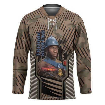 Freddie Stowers African American Hockey Jersey Medal Of Honor Red Hand - Military Camouflage Striped World War I
