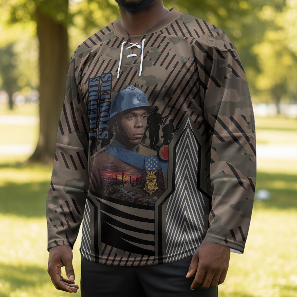 Freddie Stowers African American Hockey Jersey Medal Of Honor Red Hand - Military Camouflage Striped World War I