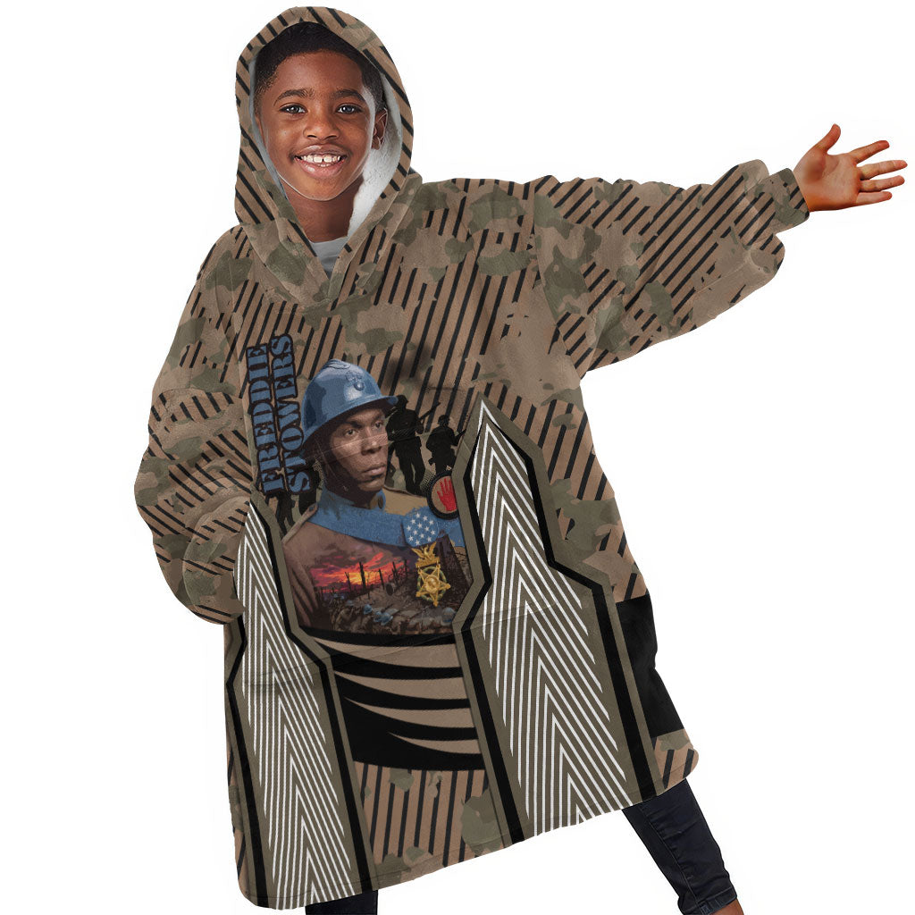 Freddie Stowers African American Kid Wearable Blanket Hoodie Medal Of Honor Red Hand - Military Camouflage Striped World War I