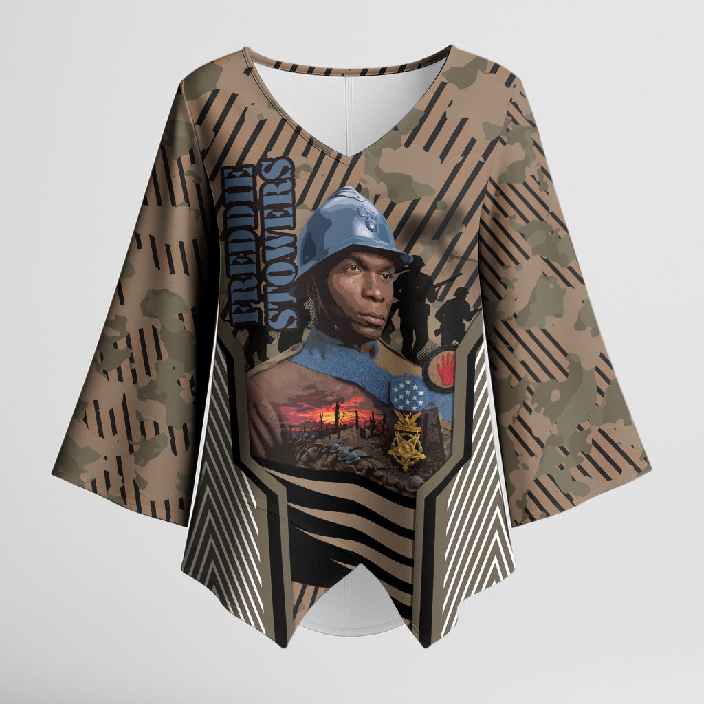 Freddie Stowers African American Kimono Sleeve Blouse Medal Of Honor Red Hand - Military Camouflage Striped World War I